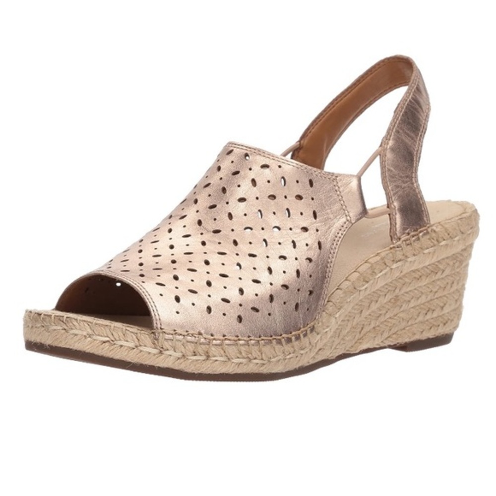 NWT Clark’s Petrina Gail Gold Women’s Sz 9.5 Wide Espadrille Open Toe Heel Wedge